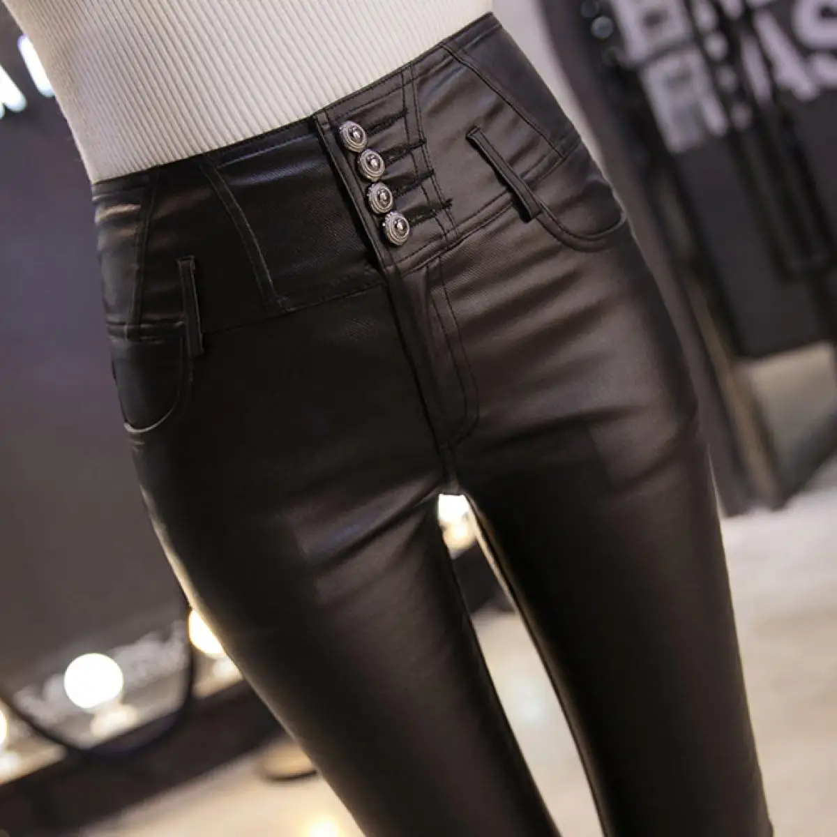 Elastic Skinny Pants Slim Trousers Faux Leather Pants Women High Waist Trousers Button Pencil Pants Pu Leather Leggings Bottom
Elastic Skinny Pants Slim Trousers Faux Leather Pants Women High Waist Trousers Button Pencil Pants Pu Leather Leggings Bottom