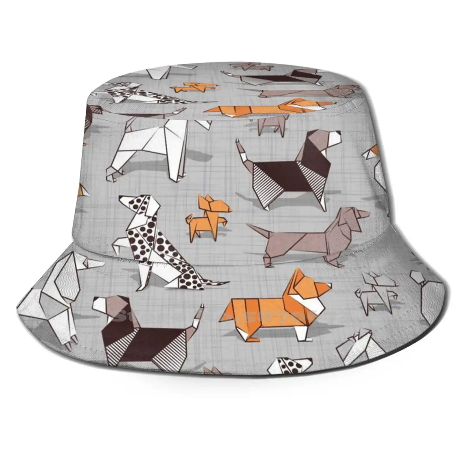 

Origami Doggie Friends / / Grey Linen Texture Background Pattern Design Printed Travel Bucket Hats Dog Illustration Dogs
