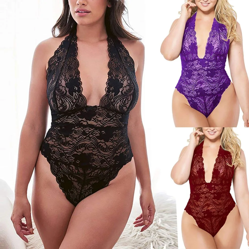 Plus Size Women Teddy Sexy Lingerie Hot Erotic Perspective Lace Sex Dress Porno Underwear Halter Lenceria Fatty Beauty Sleepwear |