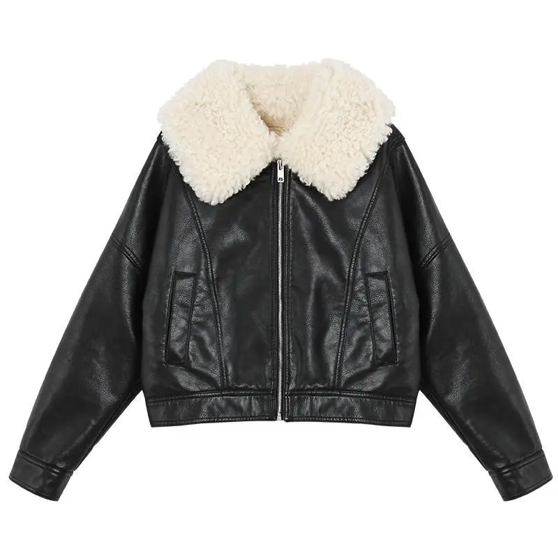 

New Winter Jacket Sale Vintage Leather Jacket Women Clothes Black Biker Coat Female Windbreak 2021 Lamb Fur Collar Thick Jackets