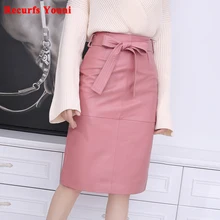 2023 Spring Women Genuine Leather OL Knee Length Skirt Female Elegant Slim Wrap Jupe With Belt Mujer Pink Custom Big Size Faldas