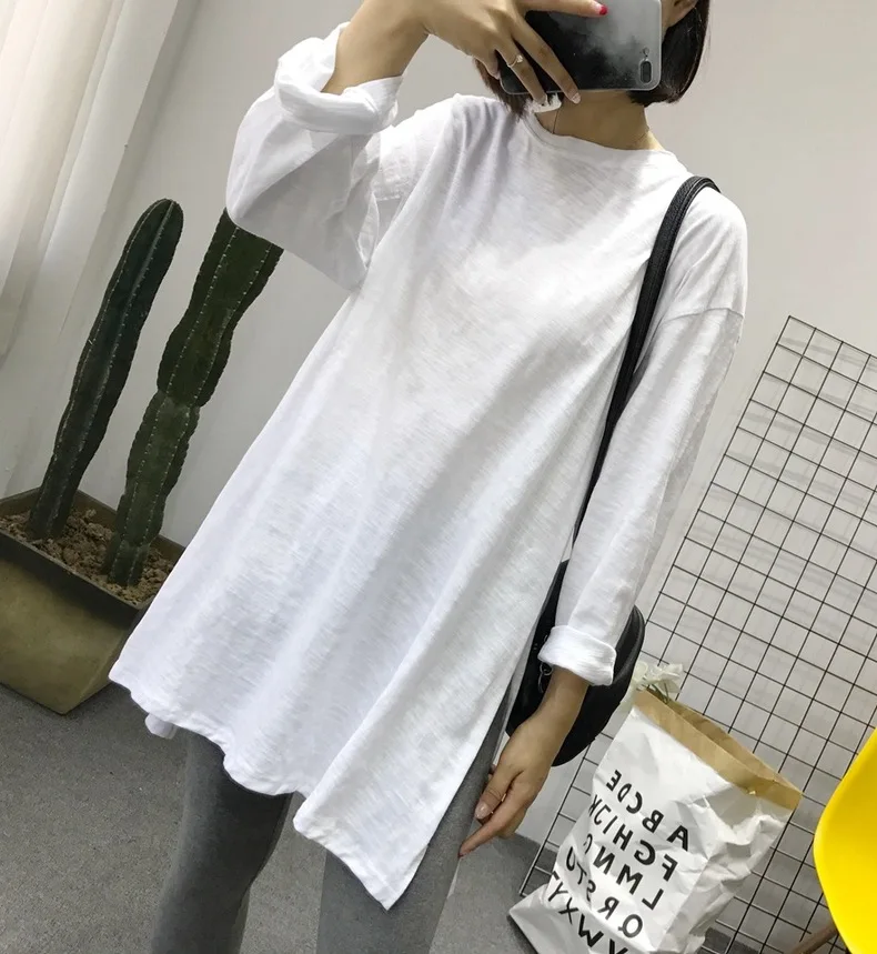 Slit Hemline at Hem Long Sleeve Loose Slub Cotton White T-shirt Women's Spring and Autumn Korean Style Mid-Length round Neck
Slit Hemline at Hem Long Sleeve Loose Slub Cotton White T-shirt Women's Spring and Autumn Korean Style Mid-Length round Neck