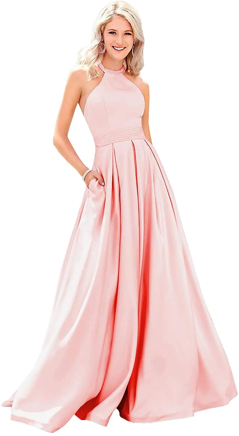 Women's A-line Halter Pleated Satin Long Prom Dress with Pockets Formal Evening Party Gown Prom Dresses with Sparkles
Women's A-line Halter Pleated Satin Long Prom Dress with Pockets Formal Evening Party Gown Prom Dresses with Sparkles