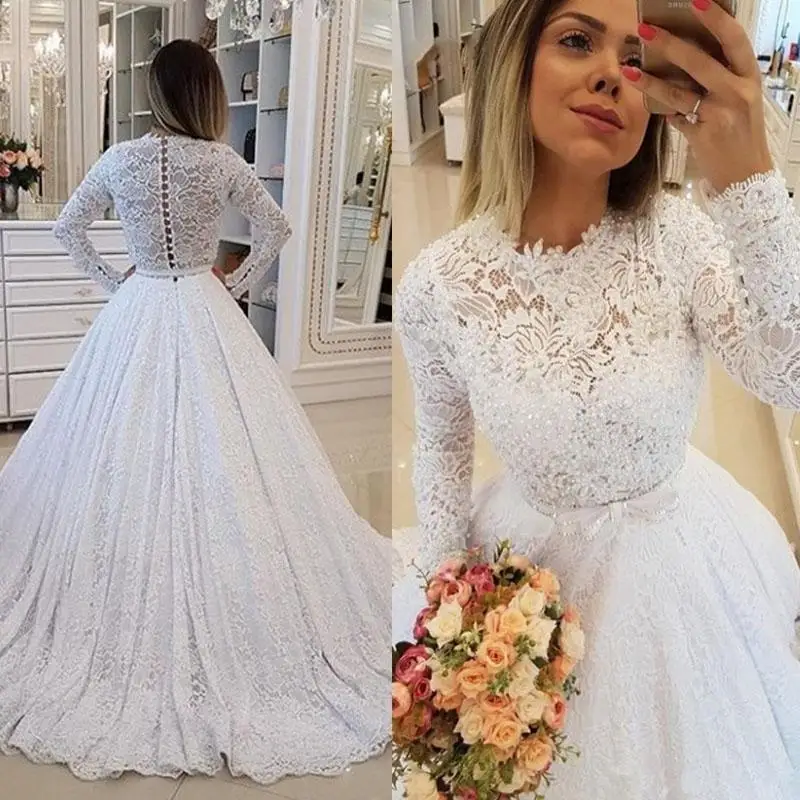 Lace A Line Pearls Wedding Dresses Long Sleeves Jewel Scalloped Neck Covered Buttons Back Plus Size Bridal Gown Vestido De Novia
Lace A Line Pearls Wedding Dresses Long Sleeves Jewel Scalloped Neck Covered Buttons Back Plus Size Bridal Gown Vestido De Novia