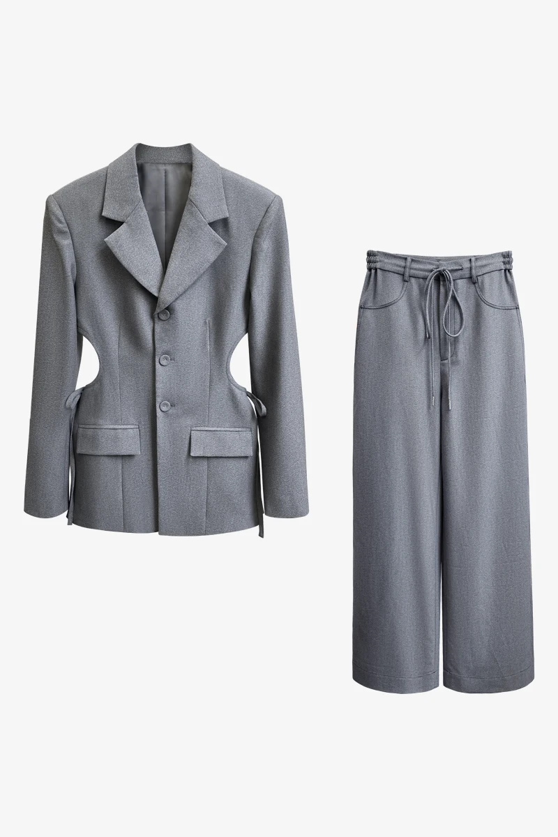 autumn and winter notched collar full sleeves gray color hollow out waist blazer and elastic full length pants set C022 
autumn and winter notched collar full sleeves gray color hollow out waist blazer and elastic full length pants set C022
