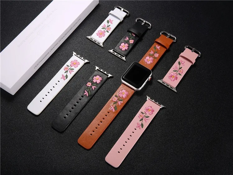 Мягкий кожаный Ремешок Для Часов с цветочной вышивкой Apple Watch Series 5 4 3 2 38 мм 40 42 44