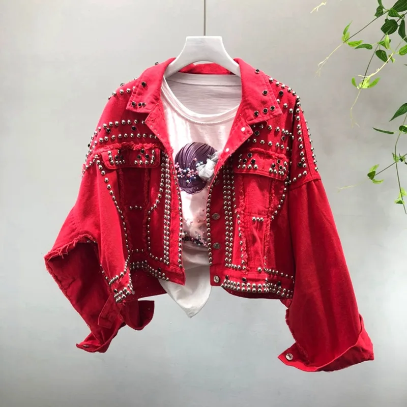 Spring Autumn Women Harajuku Red Denim Jacket Coat Hand Beaded Short Black Jean Jackets Students Basic Coats Jaquetas Feminina
Spring Autumn Women Harajuku Red Denim Jacket Coat Hand Beaded Short Black Jean Jackets Students Basic Coats Jaquetas Feminina