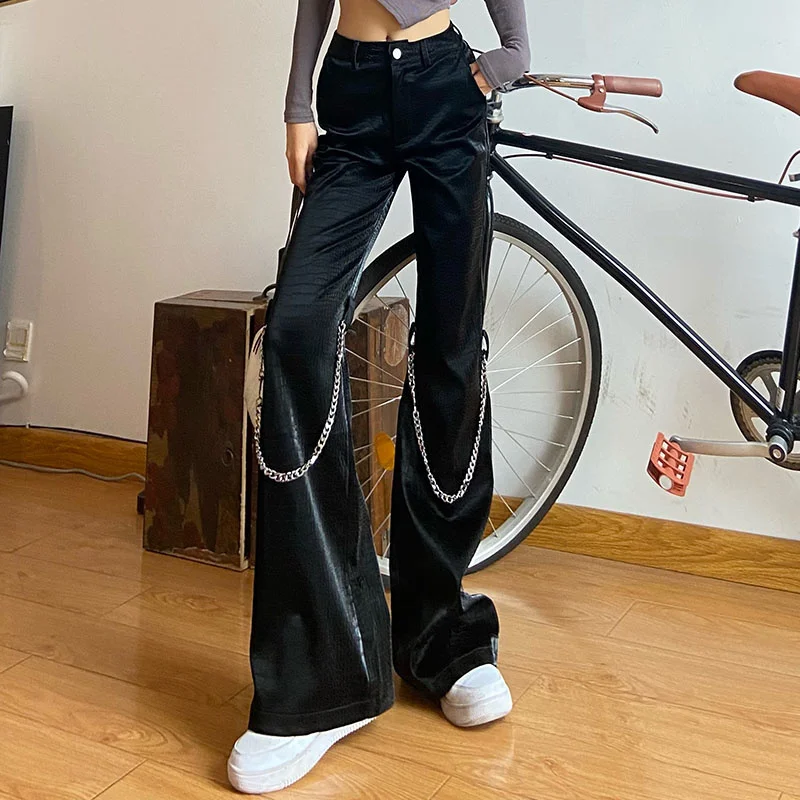 Женские повседневные брюки XUXI на цепочке, с высокой талией и сращением из ПУ кожи, уличные черные брюки, осень 2021, E4133 
Женские повседневные брюки XUXI на цепочке, с высокой талией и сращением из ПУ кожи, уличные черные брюки, осень 2021, E4133