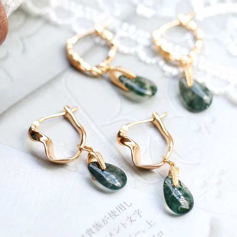 

LAMOON Natural Moss Green Agate Earrings For Women Vintage Gemstone Drop Earring 925 Sterling Silver K Gold Plated Jewelry