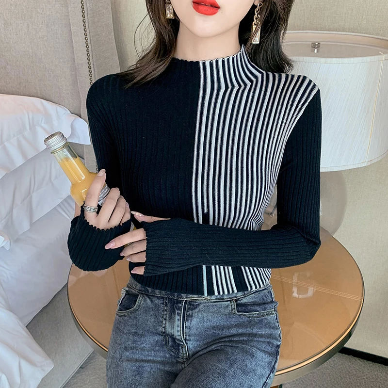 Winter European Clothes Knitted Fashion Sweater Sexy Mock Neck Stripe Color Matching Women Bottoming Shirt Tops
Winter European Clothes Knitted Fashion Sweater Sexy Mock Neck Stripe Color Matching Women Bottoming Shirt Tops