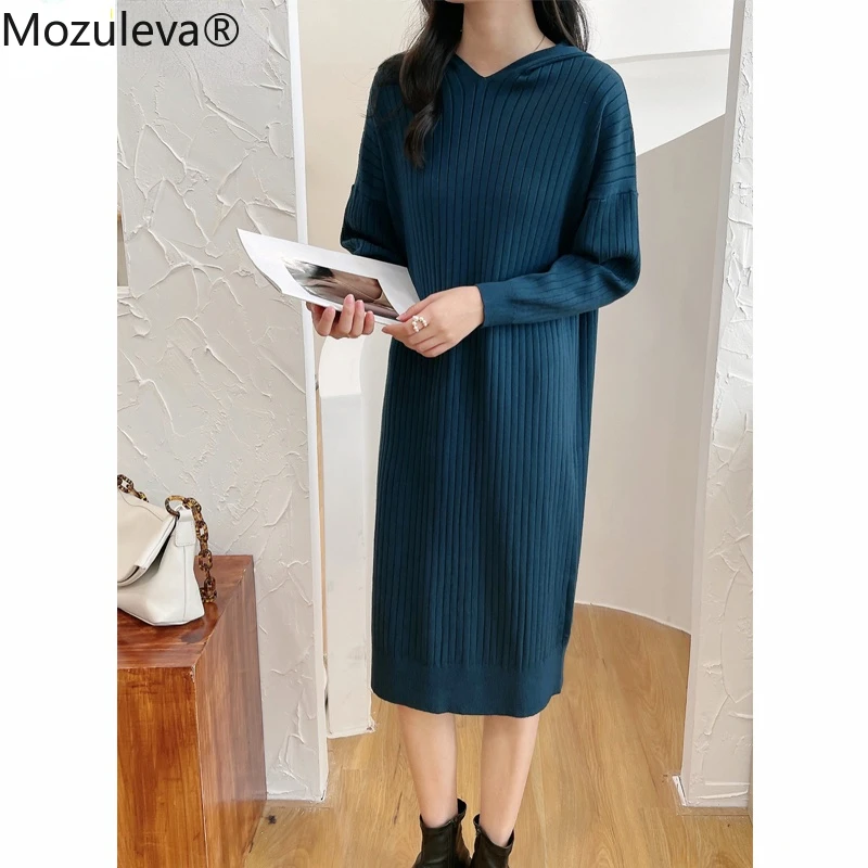 Mozuleva Autumn Winter Women Hooded Sweater Dress Long Sleeve Loose Female Knitted Striped Midi Dress Elegant Ladies Vestidos
Mozuleva Autumn Winter Women Hooded Sweater Dress Long Sleeve Loose Female Knitted Striped Midi Dress Elegant Ladies Vestidos