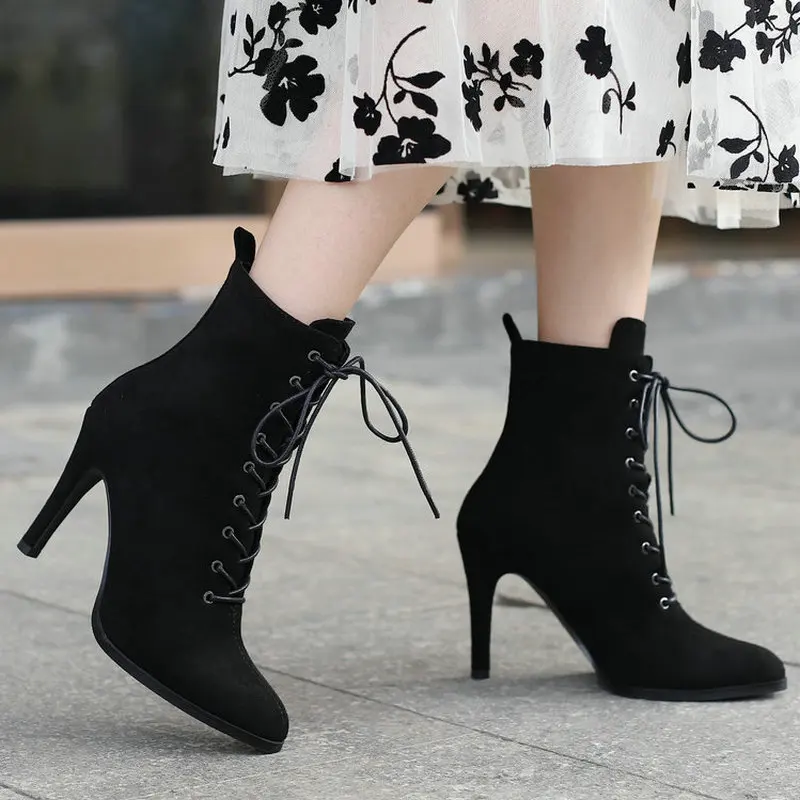 Black Beige Women Ankle Boots Faux Suede Thin High Heel Short Boots Ladies Cross Tied Pointed Toe Boots Autumn Winter Shoes
Black Beige Women Ankle Boots Faux Suede Thin High Heel Short Boots Ladies Cross Tied Pointed Toe Boots Autumn Winter Shoes
