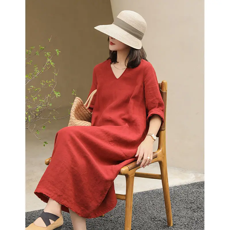 2021 Summer New Style Fashion Literary Middle Sleeve Loose Ramie Cotton V-neck Pullover Solid Color Dress Women's Clothing
2021 Summer New Style Fashion Literary Middle Sleeve Loose Ramie Cotton V-neck Pullover Solid Color Dress Women's Clothing