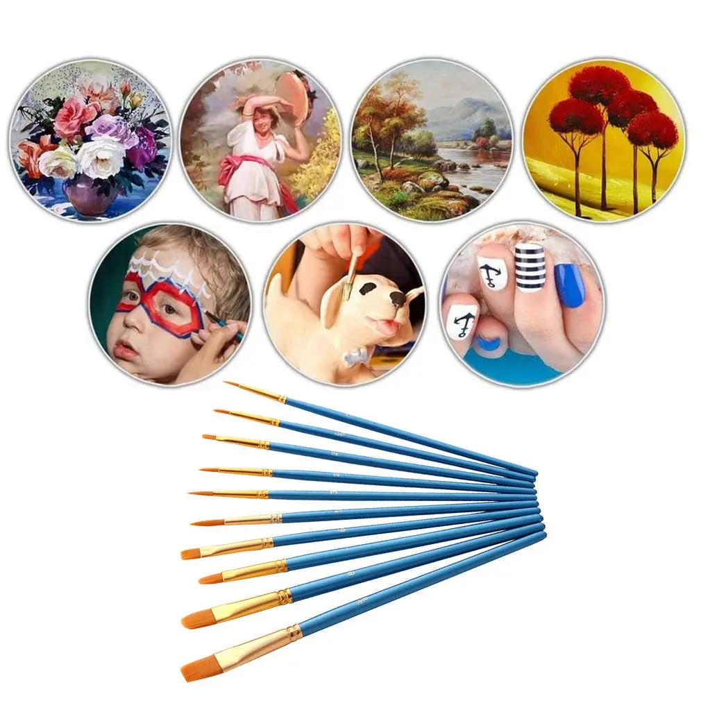 10Pcs/Set Watercolor Gouache Paint Brushes Different Shape Round Pointed Tip Nylon Hair Painting Brush Set Art Supplies no box 
10Pcs/Set Watercolor Gouache Paint Brushes Different Shape Round Pointed Tip Nylon Hair Painting Brush Set Art Supplies no box
