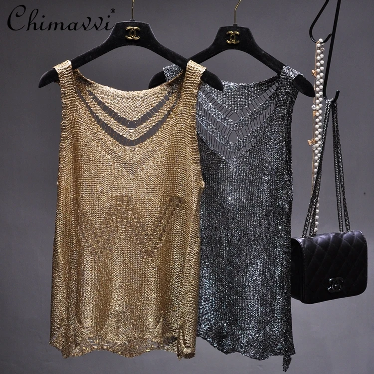 Sequined Sexy Hollow Camisole Top Woman Sleeveless Gold Shirt Knitted Slim-Fit Crop Top Casual Vest Thin Tanks for Summer
Sequined Sexy Hollow Camisole Top Woman Sleeveless Gold Shirt Knitted Slim-Fit Crop Top Casual Vest Thin Tanks for Summer