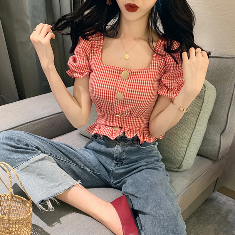 Vintage Plaid Crop Blouse Women Summer Square Collar Puff Sleeve Button ladies Tops Blouses Shirts chemisier femme
Vintage Plaid Crop Blouse Women Summer Square Collar Puff Sleeve Button ladies Tops Blouses Shirts chemisier femme