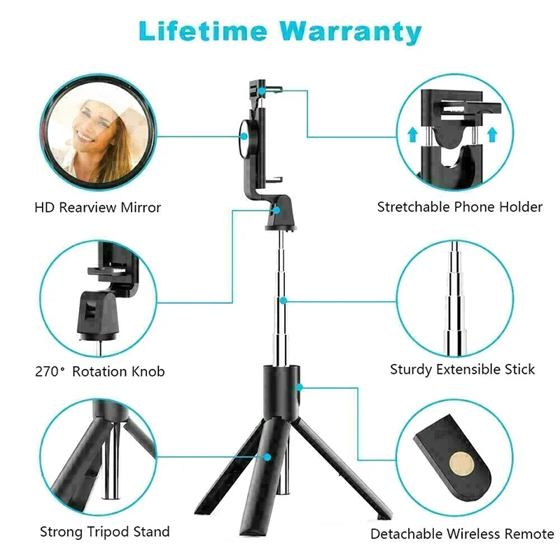 3 in 1 Wireless Selfie Stick Tripod Extendable Telescopic Phone Stand + Remote Black/White H-best 
3 in 1 Wireless Selfie Stick Tripod Extendable Telescopic Phone Stand + Remote Black/White H-best