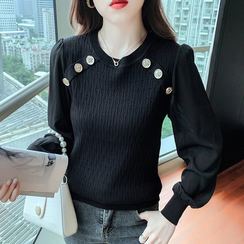 Spring Autumn Chiffon Patchwork Button Women Sweater Pullovers Knitted Long Sleeve O-Neck Pullover Soft Comfortable Basic Tops
Spring Autumn Chiffon Patchwork Button Women Sweater Pullovers Knitted Long Sleeve O-Neck Pullover Soft Comfortable Basic Tops