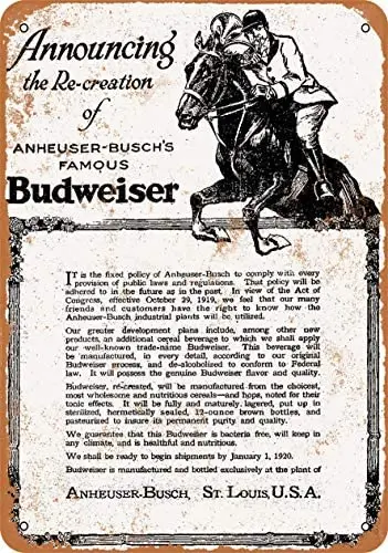 1919 Budweiser and Prohibition Metal Tin Sign 12 X 8 Inches Retro Vintage Decor 
1919 Budweiser and Prohibition Metal Tin Sign 12 X 8 Inches Retro Vintage Decor
