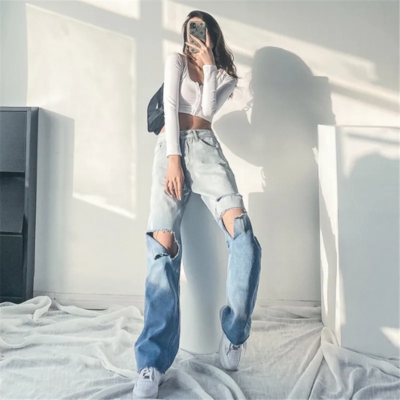 Women High Waist Denim Jeans Loose Ripped Gradient Straight Wide Legs Trousers Full Length Pants
Women High Waist Denim Jeans Loose Ripped Gradient Straight Wide Legs Trousers Full Length Pants