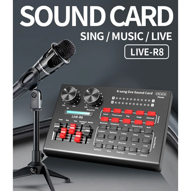 LIVE-R8 Bluetooth Sound Card Audio Interface USB Headset Living Microphone Webcast Sound Card for Phone Computer PC Sing
LIVE-R8 Bluetooth Sound Card Audio Interface USB Headset Living Microphone Webcast Sound Card for Phone Computer PC Sing