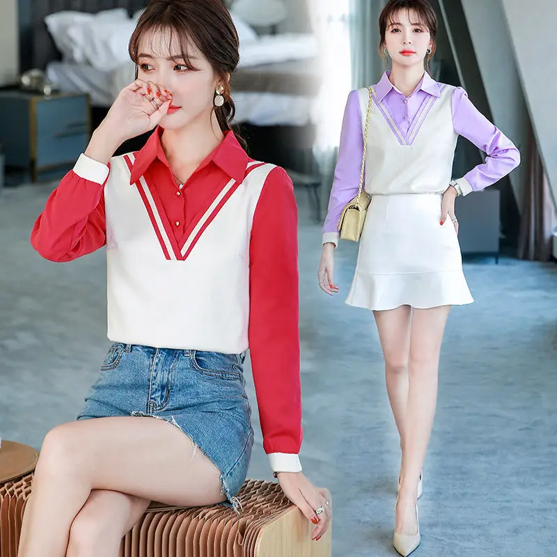 Hit Color Fake Two-piece TShirts Women's Summer 2021 New Long-sleeved Turn Down Colar Top Mujer Camisetas
Hit Color Fake Two-piece TShirts Women's Summer 2021 New Long-sleeved Turn Down Colar Top Mujer Camisetas