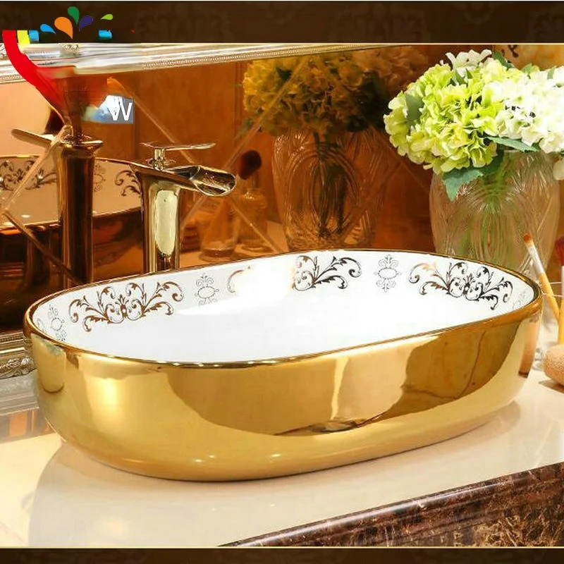 

MAEBOW 2 rozmiary, mozaika złoty owalny blat ceramiczny łazienka umywalka umywalka