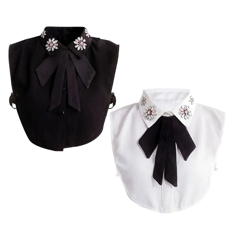 

Imitation Diamond Beads Lapel Fake Collar Black Bowtie Necklace Choker Buttons Y5GC