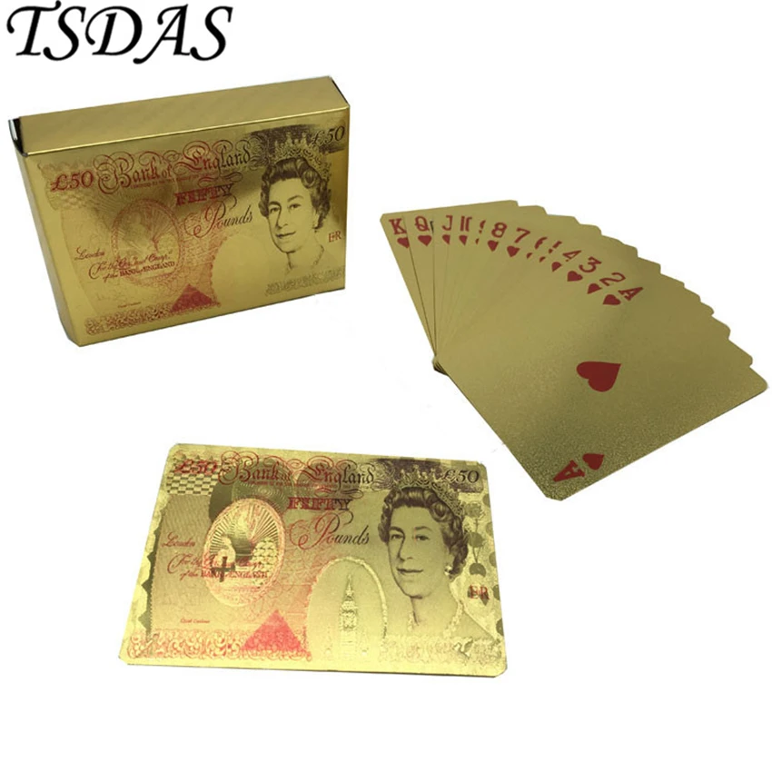 UK 50 Pounds Gold Foil Playing Cards 24k Plated Full Golden Poker Deck as Christmas Gift | Дом и сад