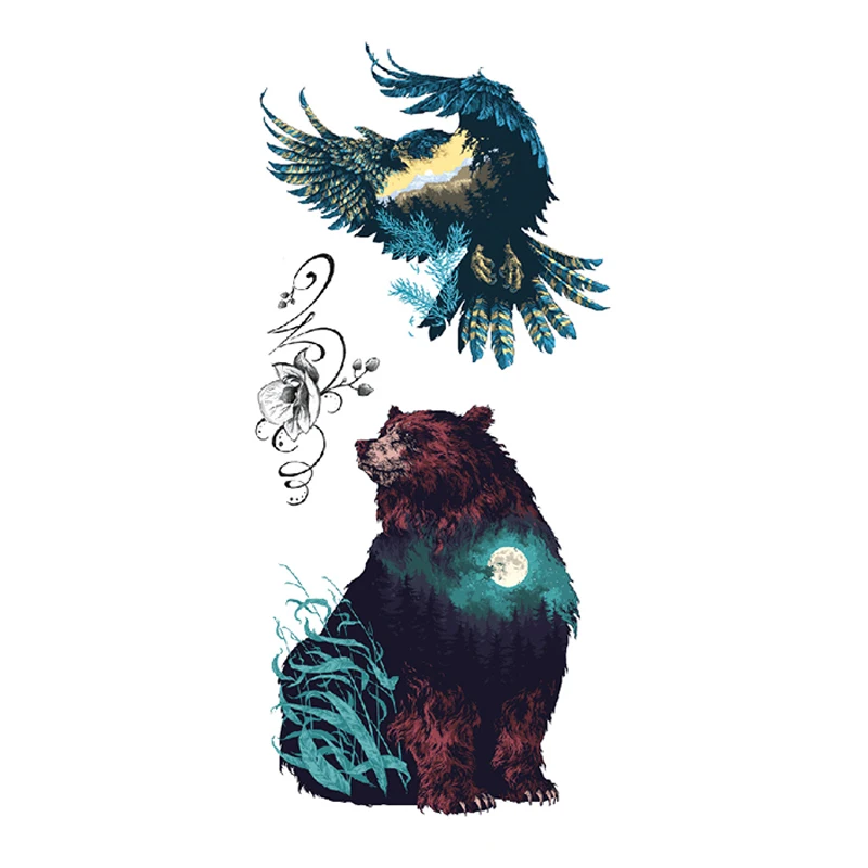 Temporary Tattoo Eagle Waterproof Female Lasting Men&#39s Body Art Painted Bear Fake Sticker | Красота и здоровье