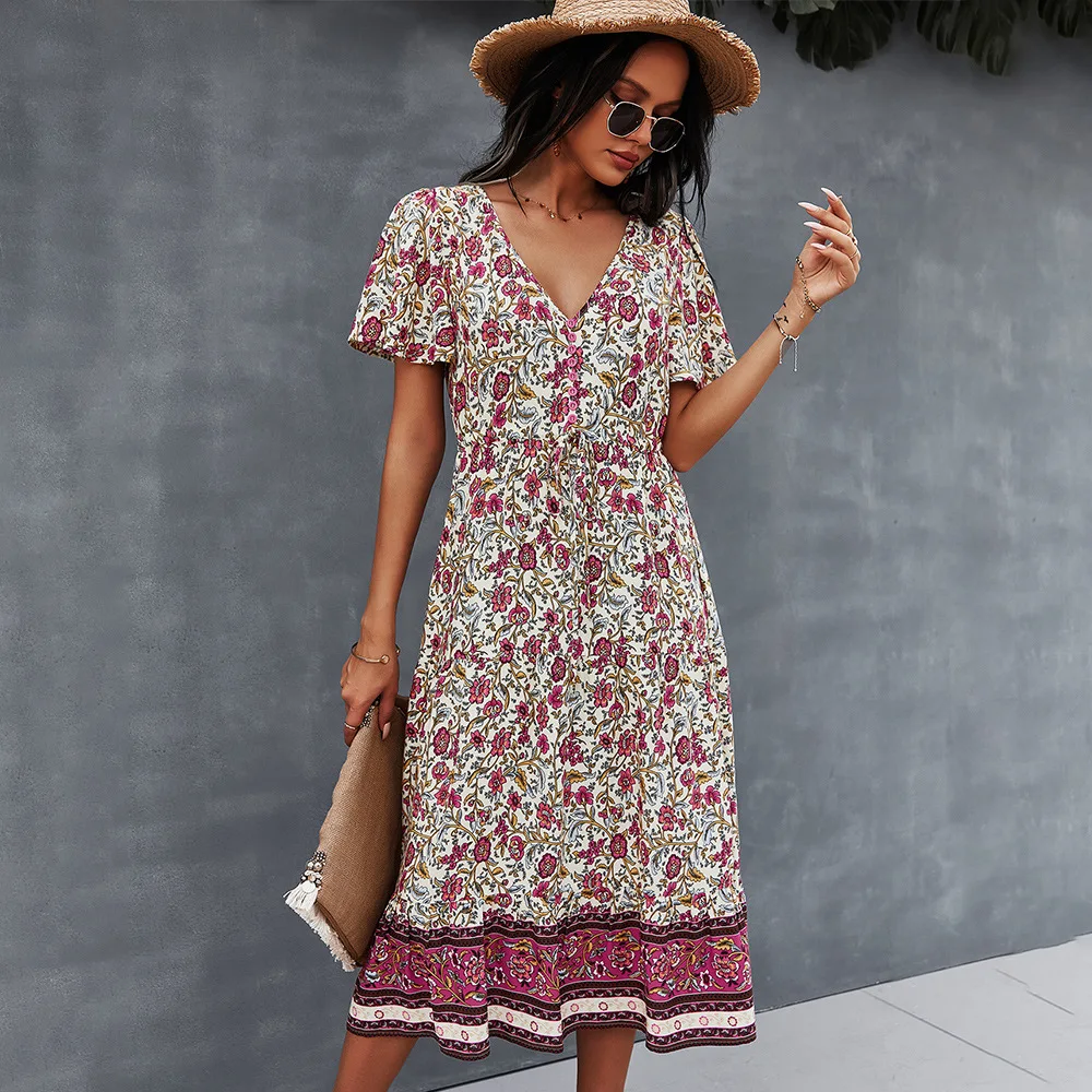 Deep V-Neck Summer Dress Beach Boho Floral Print Vintage Button Dresses Women Casual Loose A-Line Midi Long Elegant Robe
Deep V-Neck Summer Dress Beach Boho Floral Print Vintage Button Dresses Women Casual Loose A-Line Midi Long Elegant Robe