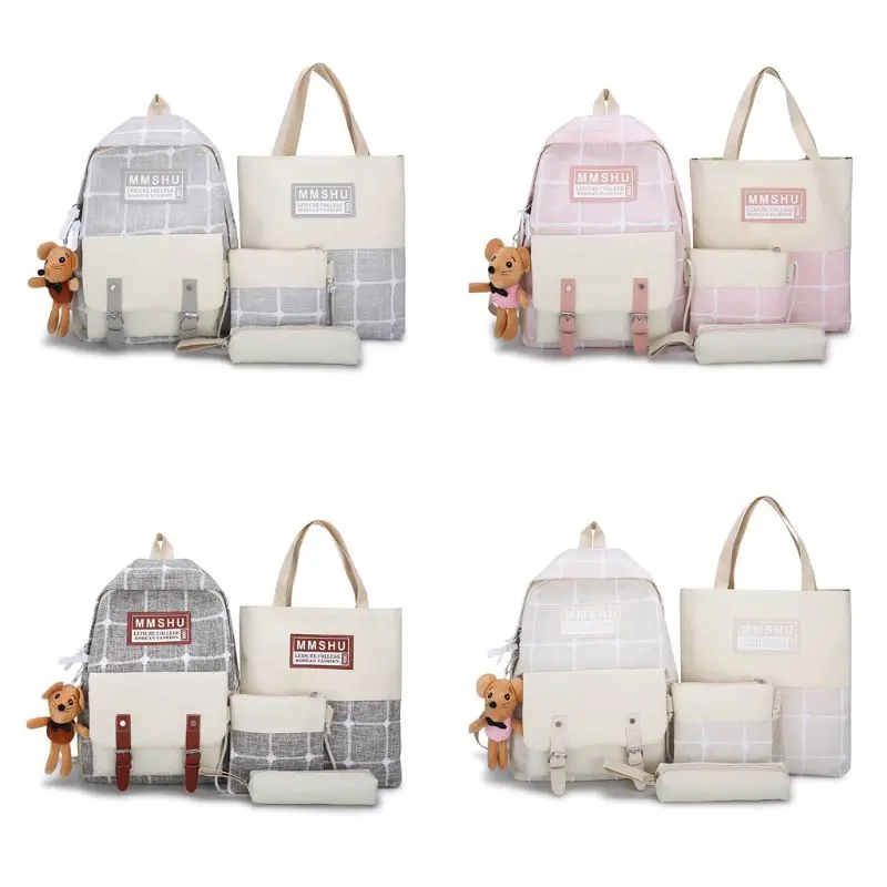 

50LD 4pcs Canvas Daypacks Casual School Backpack Shoulder Bags Bookbag Pencil Case Set for Teenagers Girls Student
