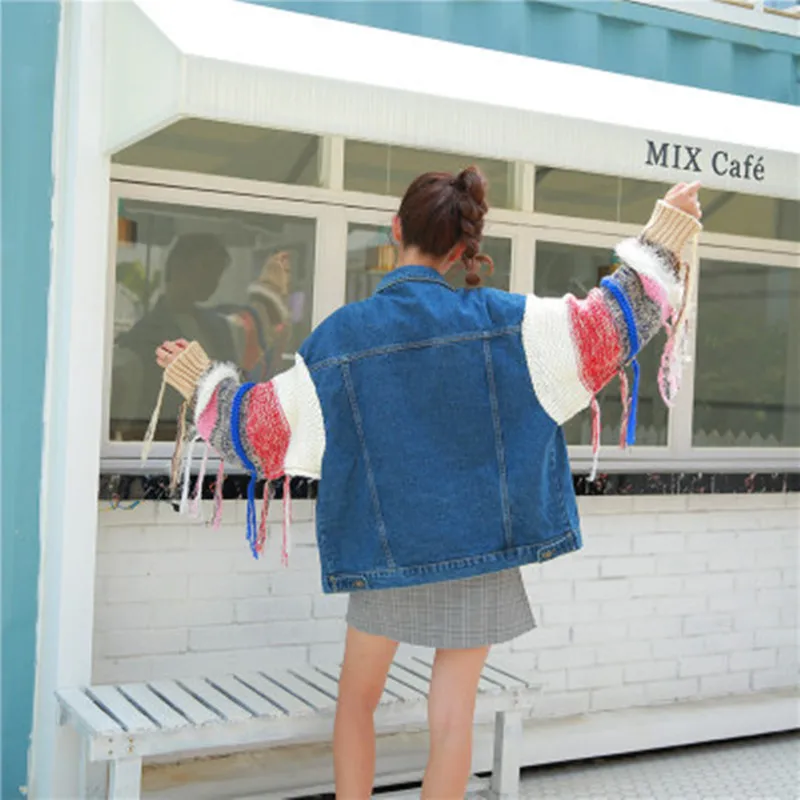 2021 Spring Autumn Korean Stitching Color Knitted Sleeve Women Jacket Loose Sweater Sleeves Denim Jackets Female Tops Coat
2021 Spring Autumn Korean Stitching Color Knitted Sleeve Women Jacket Loose Sweater Sleeves Denim Jackets Female Tops Coat