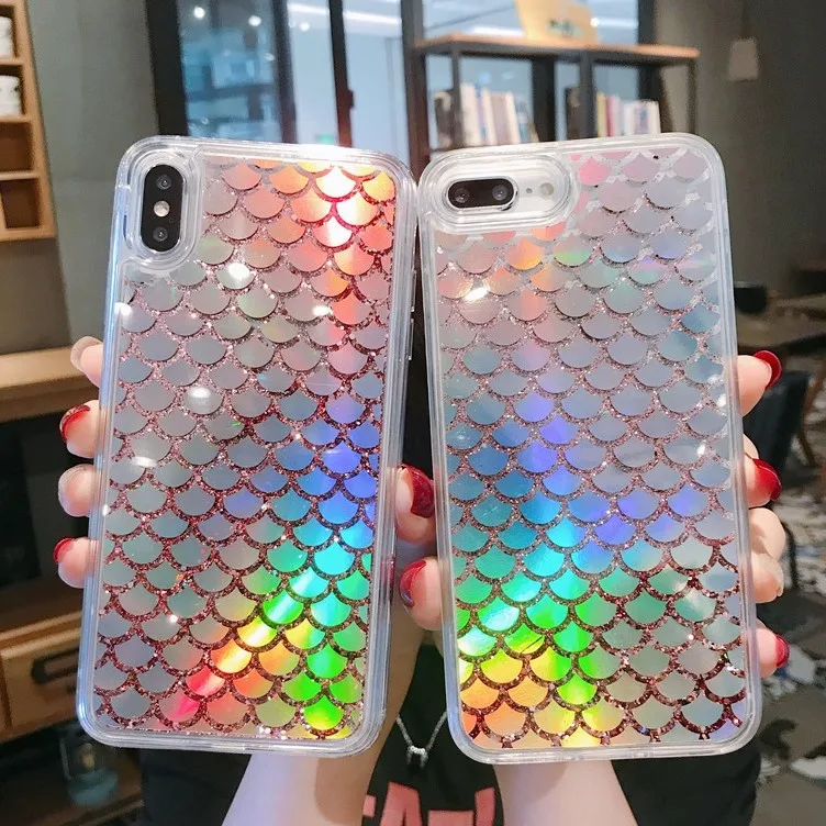 Блестящий лазерный рыбий весы Жидкий чехол для iPhone X Xs Xsmax Xr прозрачный ТПУ