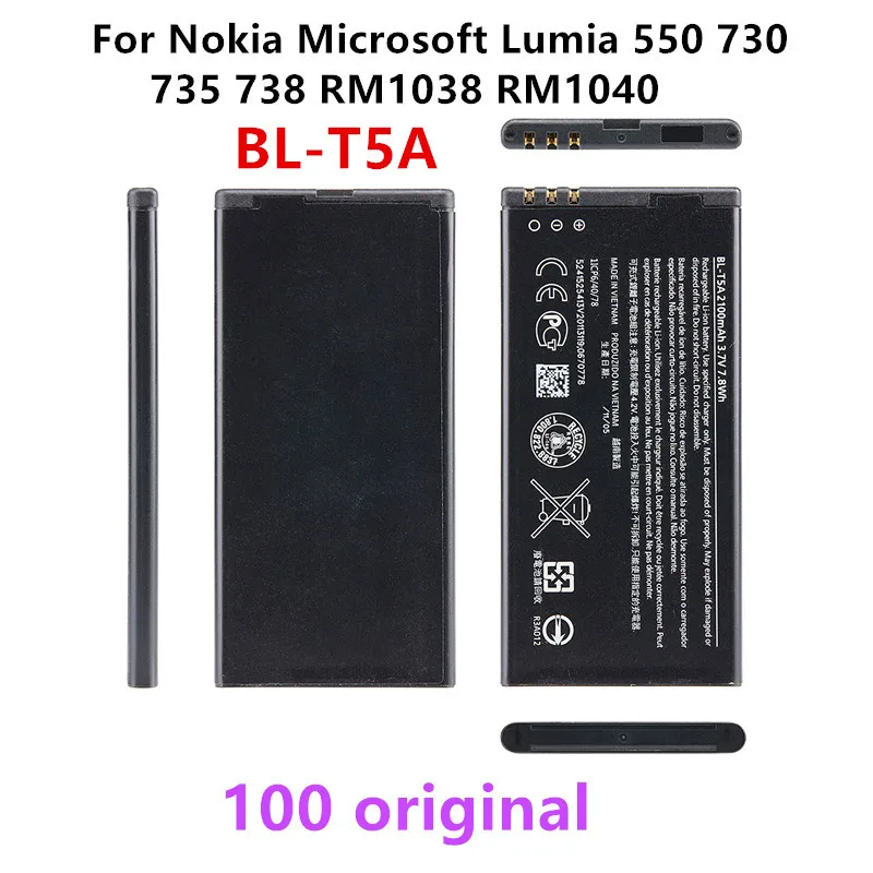 

Оригинальный сменный аккумулятор BL-T5A 2100 мА · ч для Nokia Microsoft Lumia 550, 730, 735, 738, RM1038, RM1040, BLT5A, литий-полимерный аккумулятор