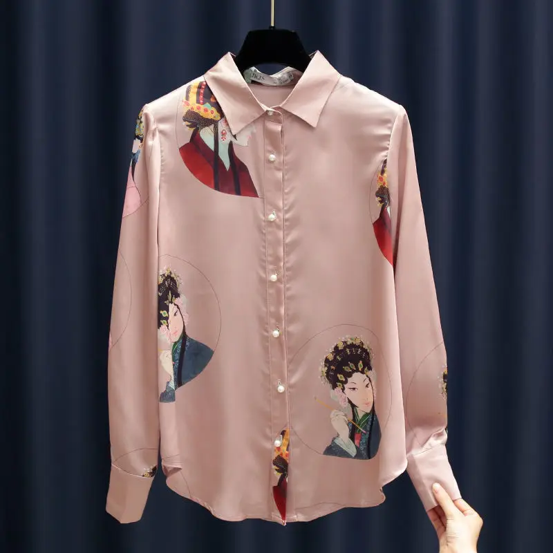 

Vintage Chinease Style Peking Opera Print Blouse Women Satin Smooth Pink All Match Bottom Top Shirt Trending S 2XL Plus Size