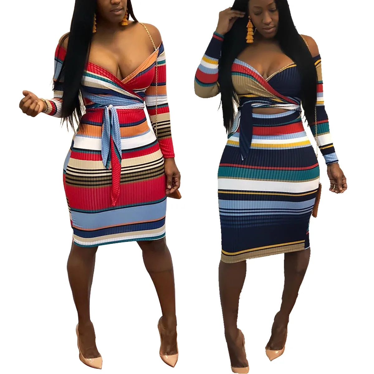 S-XXL Women's Sexy V Neck Long Sleeve Striped Show Waist Dress Down Bandage Dress
S-XXL Women's Sexy V Neck Long Sleeve Striped Show Waist Dress Down Bandage Dress