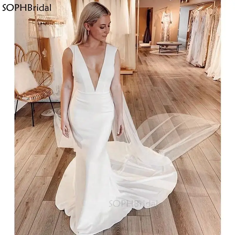 New Arrival Sexy V-Neck Wedding Dress 2021 Mermaid Vestidos de Novia White Satin Sweep Train Bridal Gowns Robe de Mariee
New Arrival Sexy V-Neck Wedding Dress 2021 Mermaid Vestidos de Novia White Satin Sweep Train Bridal Gowns Robe de Mariee