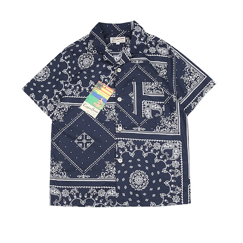 

Copper Srcew Indigo Paisley Aloha Shirts Vintage Style Men Hawaiian Short Sleeve Tee