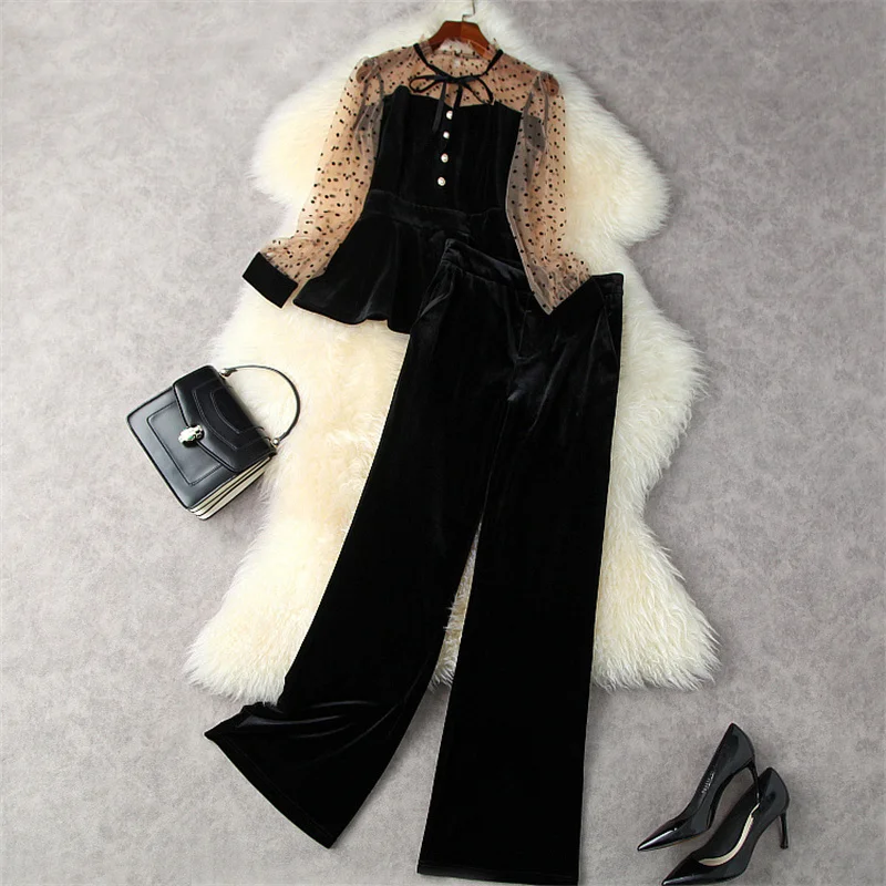 2021 Women Autumn Clothes Office 2 Piece Outfits Polka Dot Mesh long sleeve Peplum Top + Pants Set Suit Designer Velvet Twinset
2021 Women Autumn Clothes Office 2 Piece Outfits Polka Dot Mesh long sleeve Peplum Top + Pants Set Suit Designer Velvet Twinset