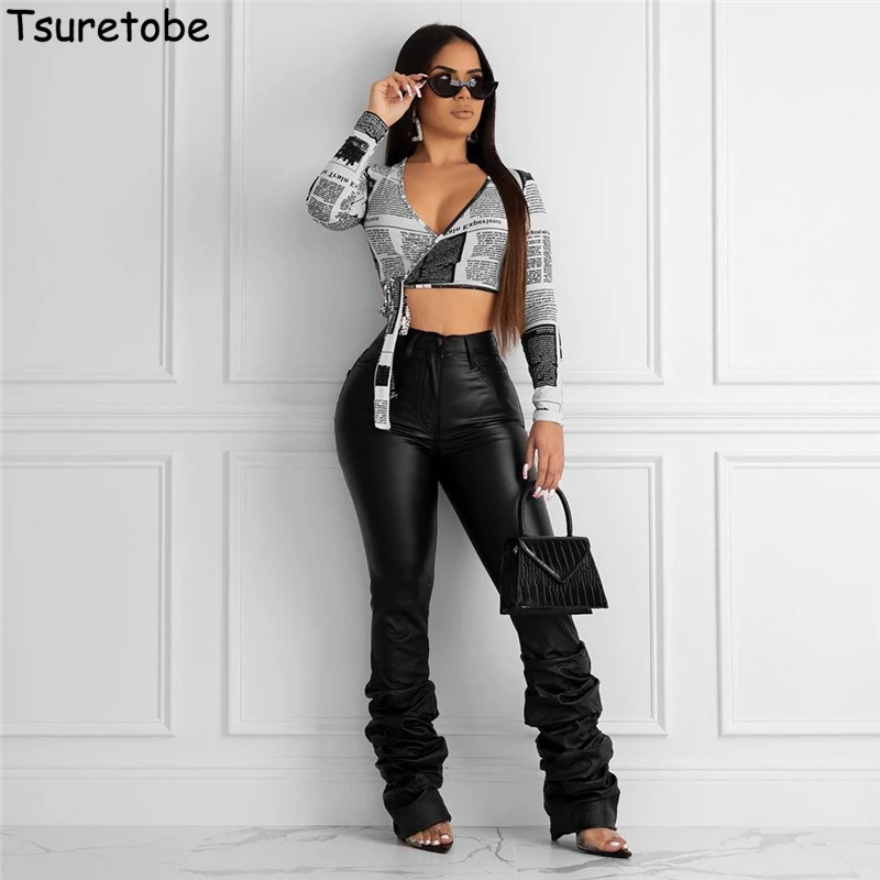Tsuretobe PU Leather Streetwear Stacked Pants Women Plus Size High Waist Ruched Pants Office Lady Trousers Casual Flare Pants
Tsuretobe PU Leather Streetwear Stacked Pants Women Plus Size High Waist Ruched Pants Office Lady Trousers Casual Flare Pants