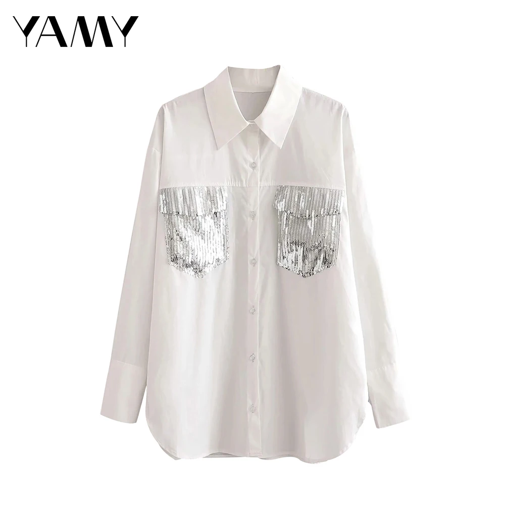 High Fashion Casual White Long Sleeve Blouses 2020 spring new Sequined Patchwork Shirt for women Turn Down Collar blusas
High Fashion Casual White Long Sleeve Blouses 2020 spring new Sequined Patchwork Shirt for women Turn Down Collar blusas