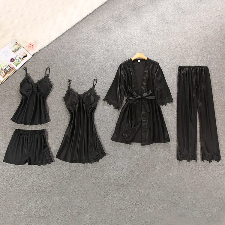 Women Pajamas 5 Pieces Satin Sleepwear Pijama Silk Home Wear Home Clothing Embroidery Sleep Lounge Pyjama with Chest Pads
Women Pajamas 5 Pieces Satin Sleepwear Pijama Silk Home Wear Home Clothing Embroidery Sleep Lounge Pyjama with Chest Pads