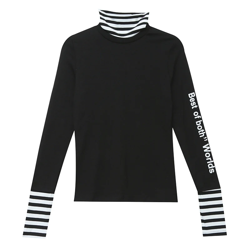 #5505 Black White Hip Hop T Shirt Women Sexy Basic T-shirt Letters Printed Tight Turtleneck For Extend Long Sleeve | Женская одежда