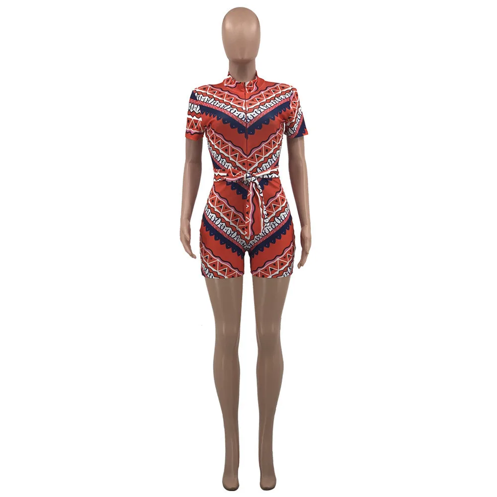 

Women Paisley Zipper Up with Sashes Bodycon Playsuit Active Fashion Elastic Romper Basic Yoga Overall Outfits