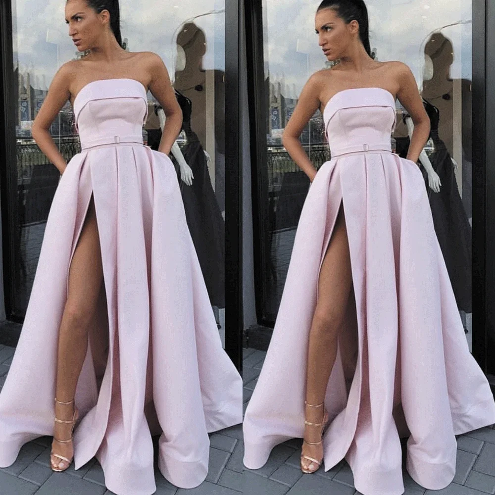 Strapless Pink robe de soiree Prom Dresses with Pockets Latest Fashion Satin A-line Side Slit Simple Silver Prom Gowns
Strapless Pink robe de soiree Prom Dresses with Pockets Latest Fashion Satin A-line Side Slit Simple Silver Prom Gowns