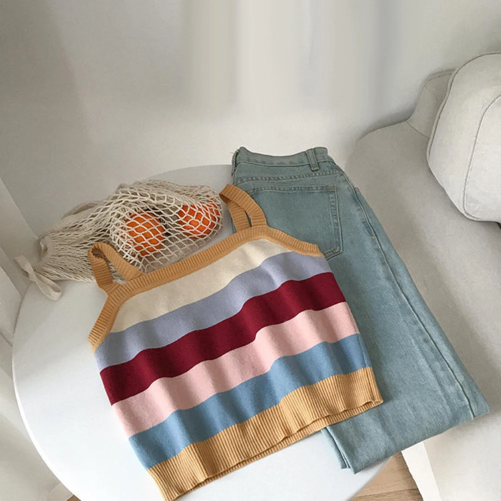 Women Camis Rainbow Stripe Square Neck Sleeveless Knit Strappy Vest Cami Top Casual t shirt female
Women Camis Rainbow Stripe Square Neck Sleeveless Knit Strappy Vest Cami Top Casual t shirt female