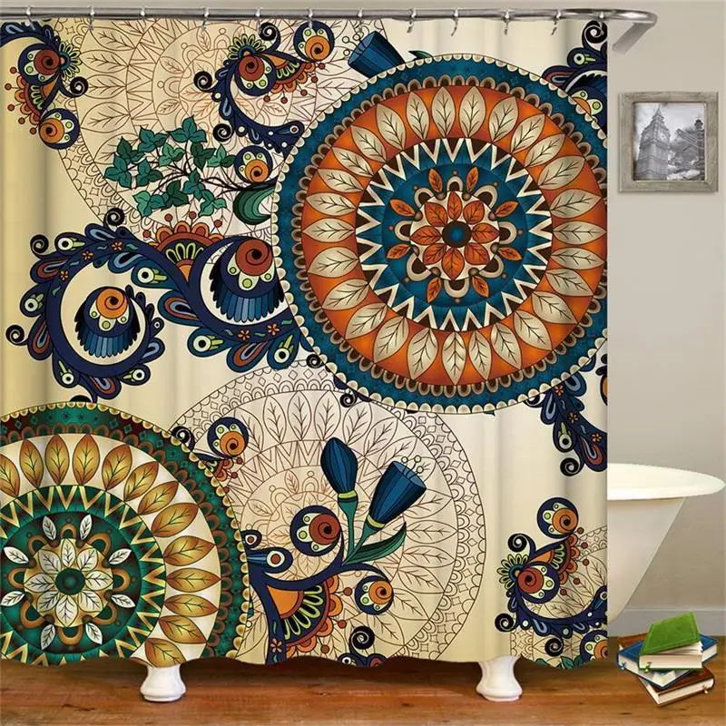 

Morocco Ethnic Decor Shower Curtain By Boho Pattern With Floral And Peacocks Feather Fabric Bathroom Hanging Curtain With Hooks