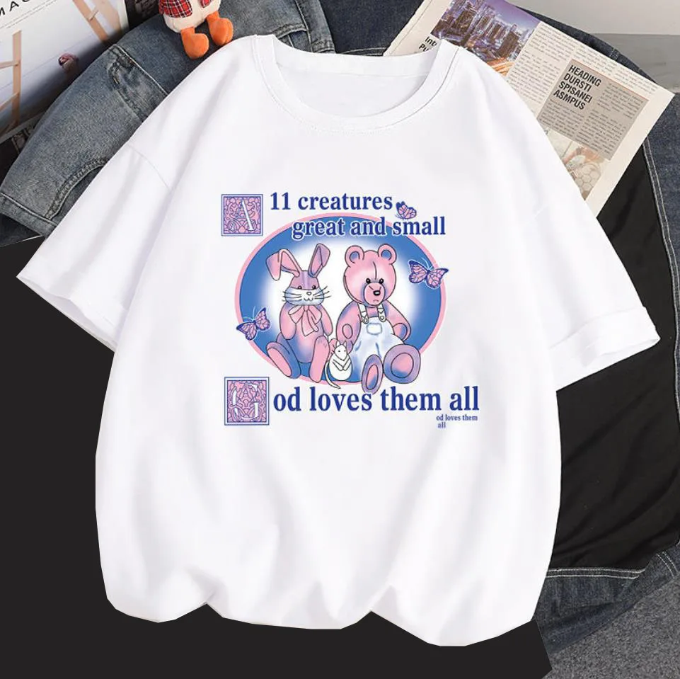 Rabbit Bear cartoon t-shirt Pure Cotton streetwear Classic Girls casual tops Plus size 100kg Wear loose summer woman t-shirts
Rabbit Bear cartoon t-shirt Pure Cotton streetwear Classic Girls casual tops Plus size 100kg Wear loose summer woman t-shirts