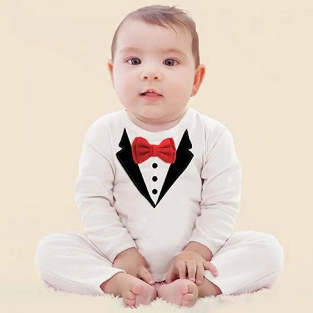 Baby Boy Fashion Long Sleeve Jumpsuits V Collar Pattern Bowknot Rompers Children's Photographic Costume Props Baby Clothes